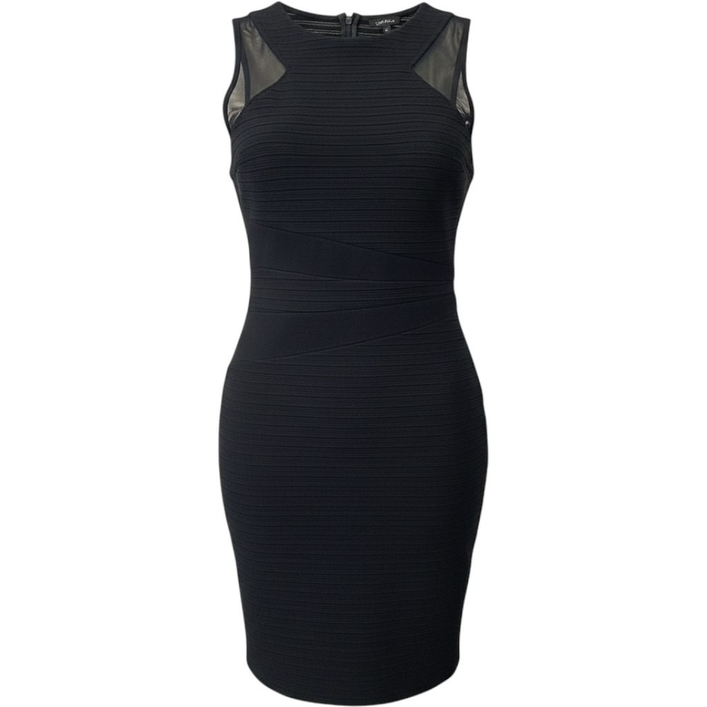 River Island Black Bodycon Dress Mesh Shoulder Ribbed Bandage Cocktail Size 10